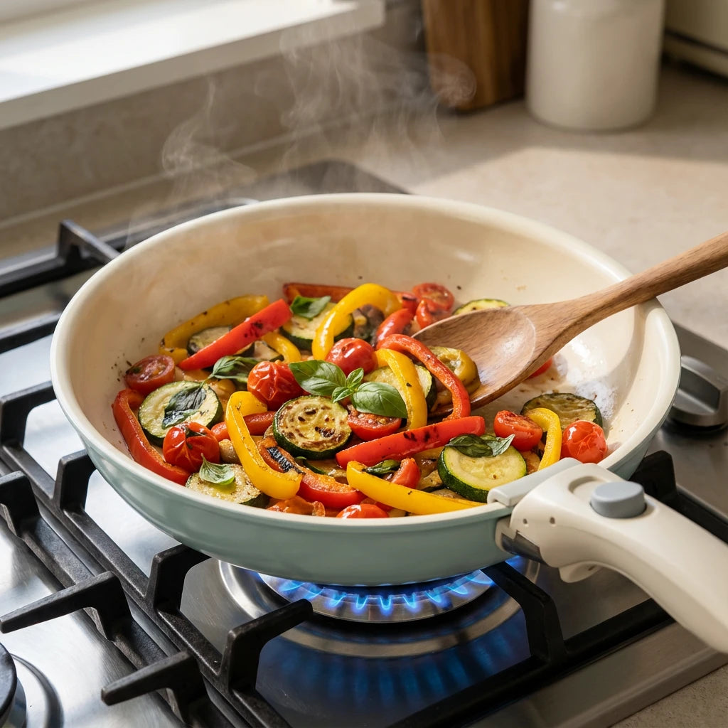 Poêle céramique manche amovible Set de 3 poêles : cuisson de légumes colorés avec une cuillère en bois.