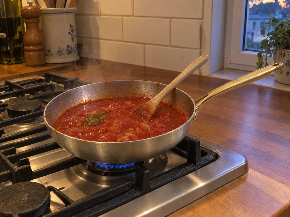 Sauce tomate maison qui mijote dans une poêle en acier inoxydable 28 cm sur une cuisinière à gaz