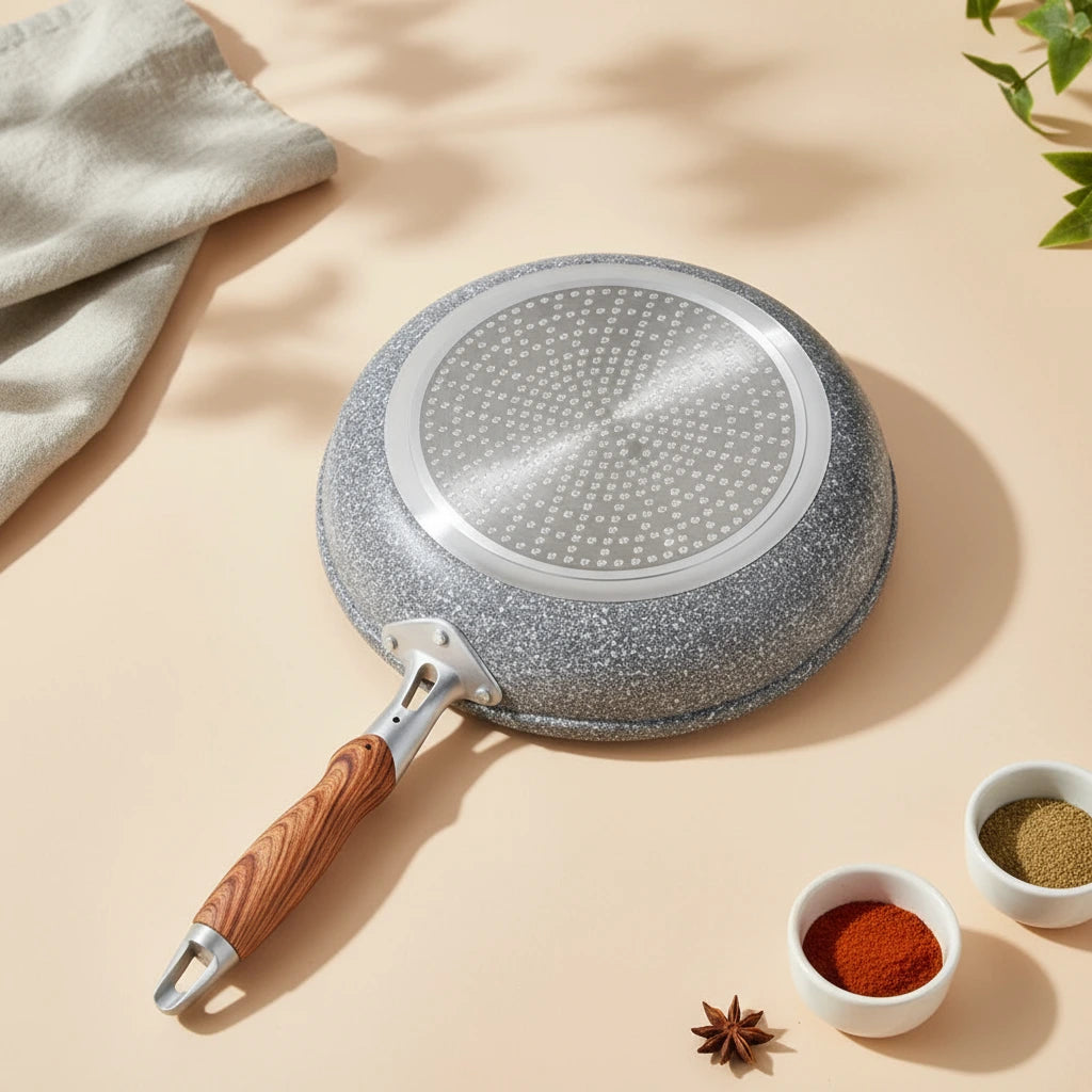 Poêle en aluminium induction 26 cm : vue du dessous avec un torchon et des épices.