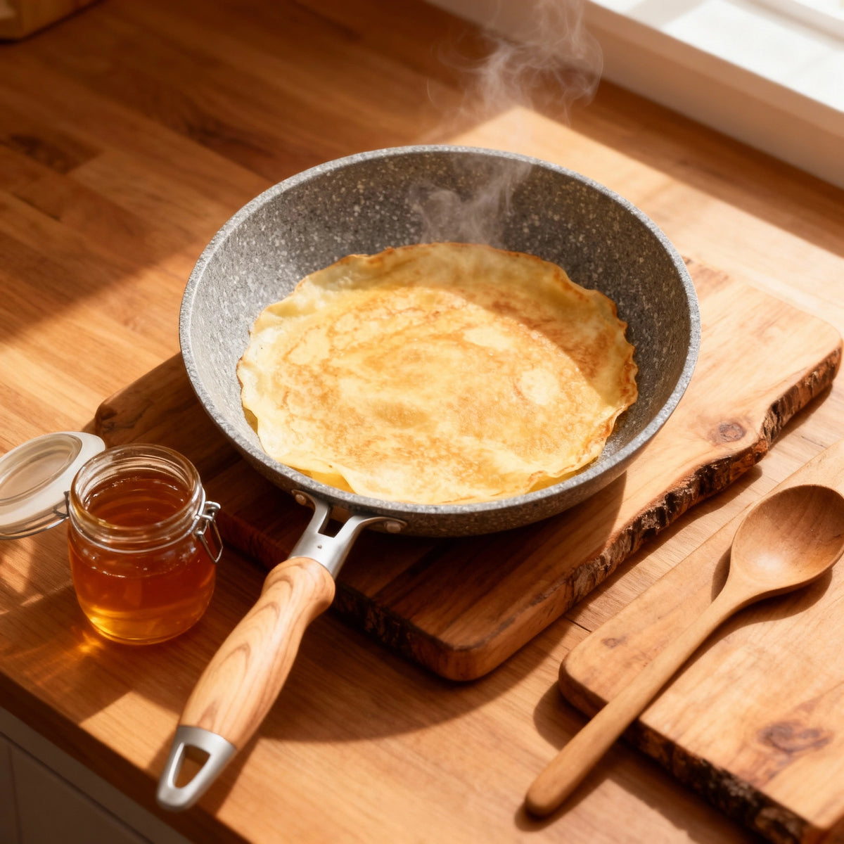Poêle en aluminium induction 28 cm : crêpe dorée présentée sur une planche en bois.