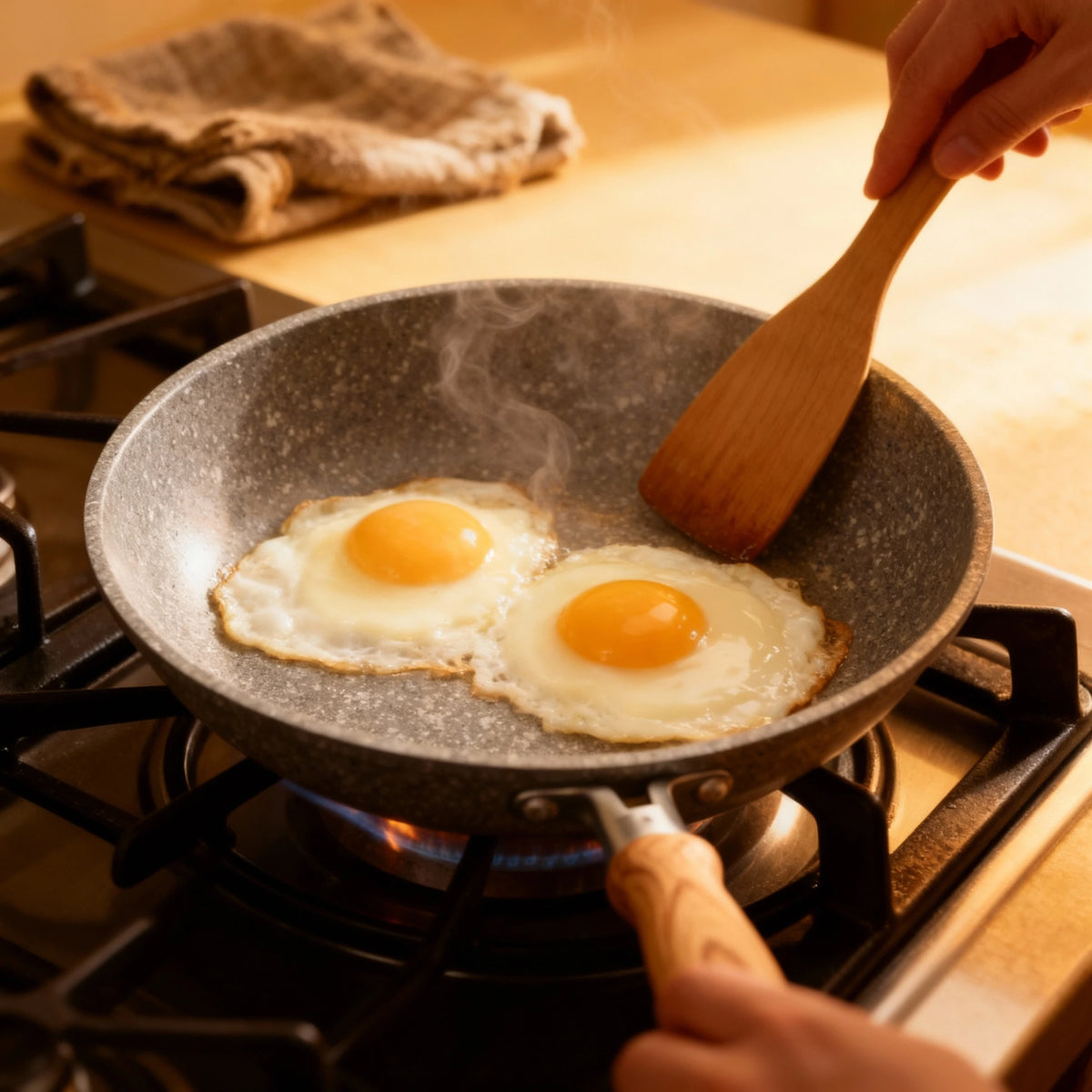 Poêle en aluminium induction 28 cm : cuisson de deux œufs au plat avec une spatule en bois.