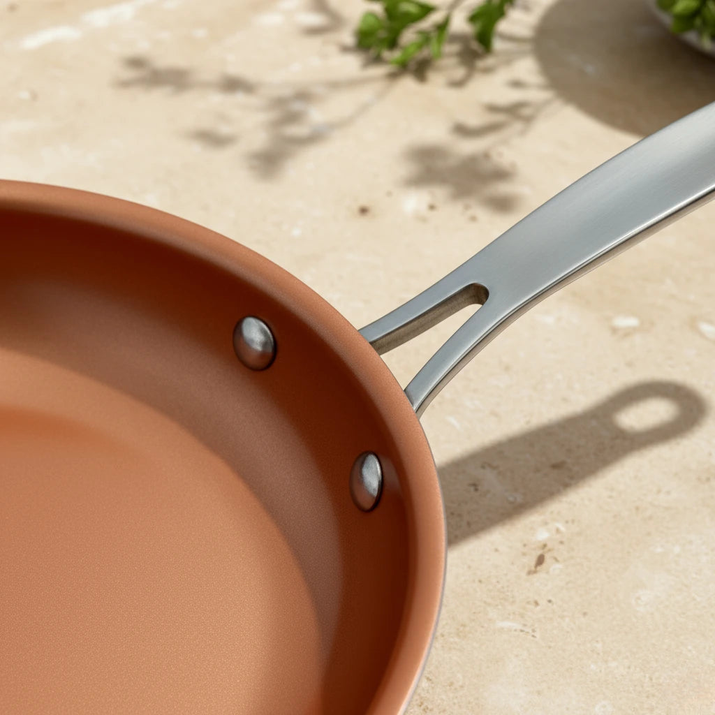 Poêle en céramique 20 cm : gros plan sur les rivets et le manche en inox.