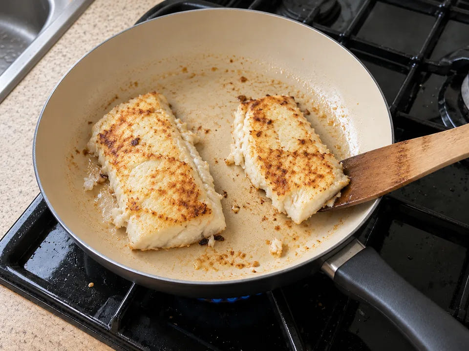 Poêle en céramique encore antiadhésive : deux filets de cabillaud dorés qui se décollent d'un simple coup de spatule en bois
