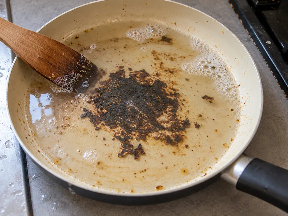 Poêle en céramique brûlée qui trempe dans l'eau chaude savonneuse, une spatule en bois appuyée sur le bord