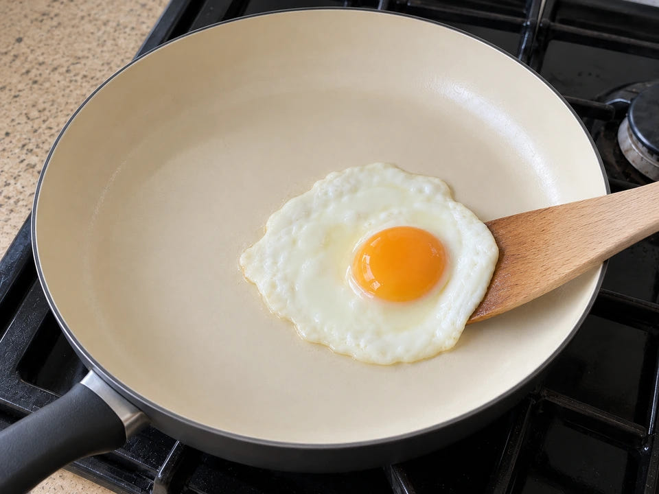 Test de l'œuf dans une poêle en céramique qui accrochait : après un grand nettoyage, la spatule glisse sous l'œuf cuit au beurre