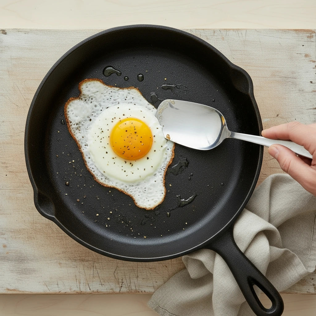 Poêle en fonte 20 cm : cuisson d’un œuf au plat avec une spatule métallique.