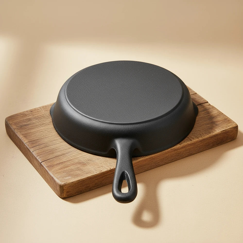 Poêle en fonte 26 cm : vue du dessous sur une planche en bois.