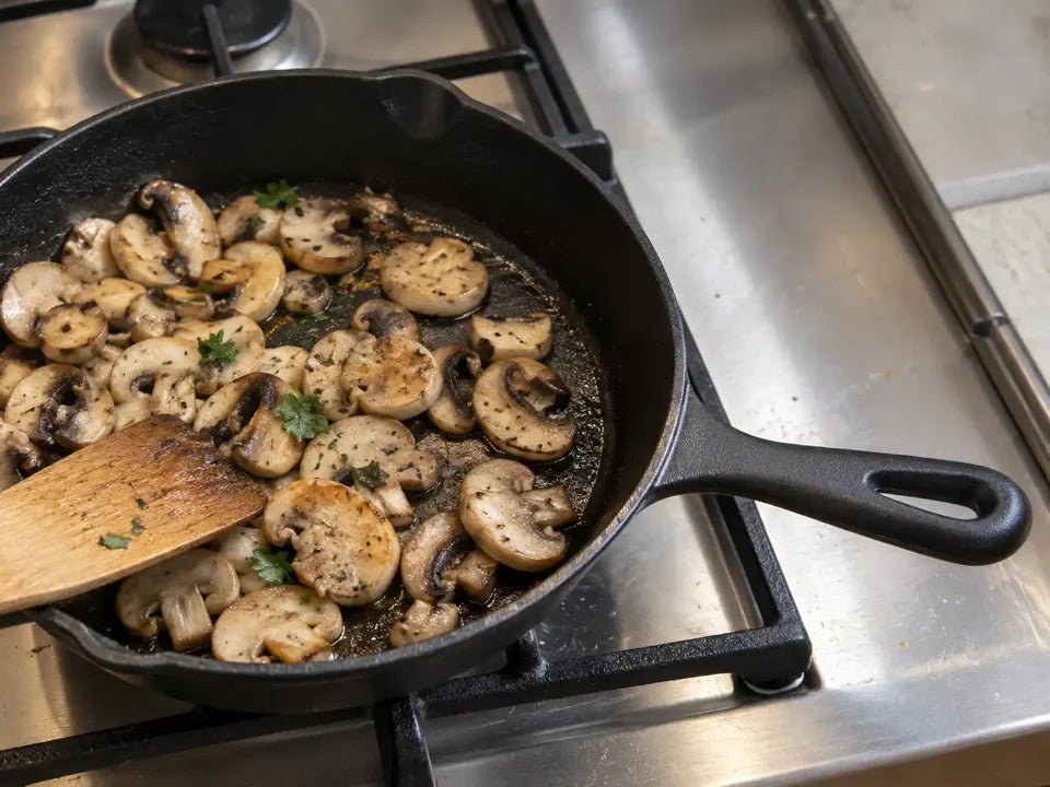 Champignons de Paris qui dorent dans une poêle en fonte naturelle coulée d'un seul bloc avec son manche, sur une gazinière