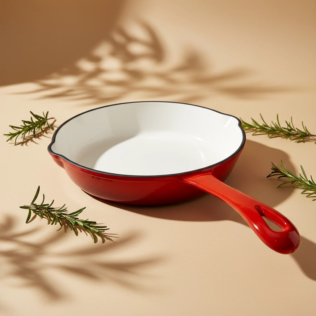 Poêle en fonte émaillée blanche 20 cm : vue en perspective avec des aromates.