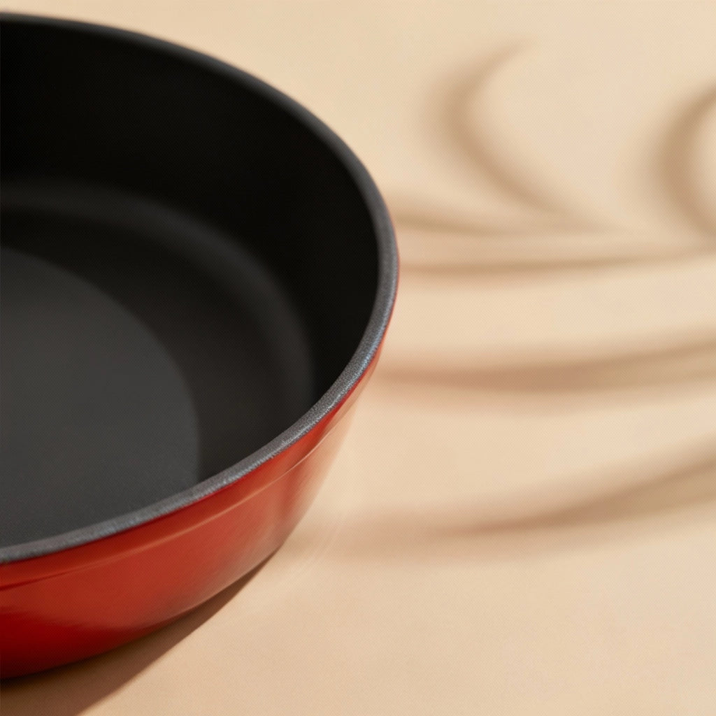 Poêle en fonte émaillée noire avec couvercle 26 cm : gros plan sur le bord rouge et l’émail intérieur noir.