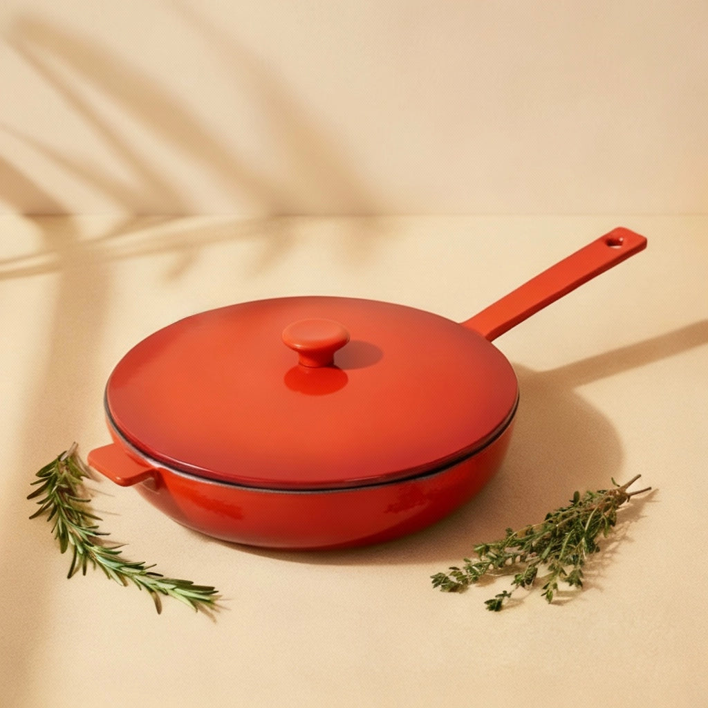 Poêle en fonte émaillée noire avec couvercle 26 cm : vue latérale du modèle rouge avec son couvercle.