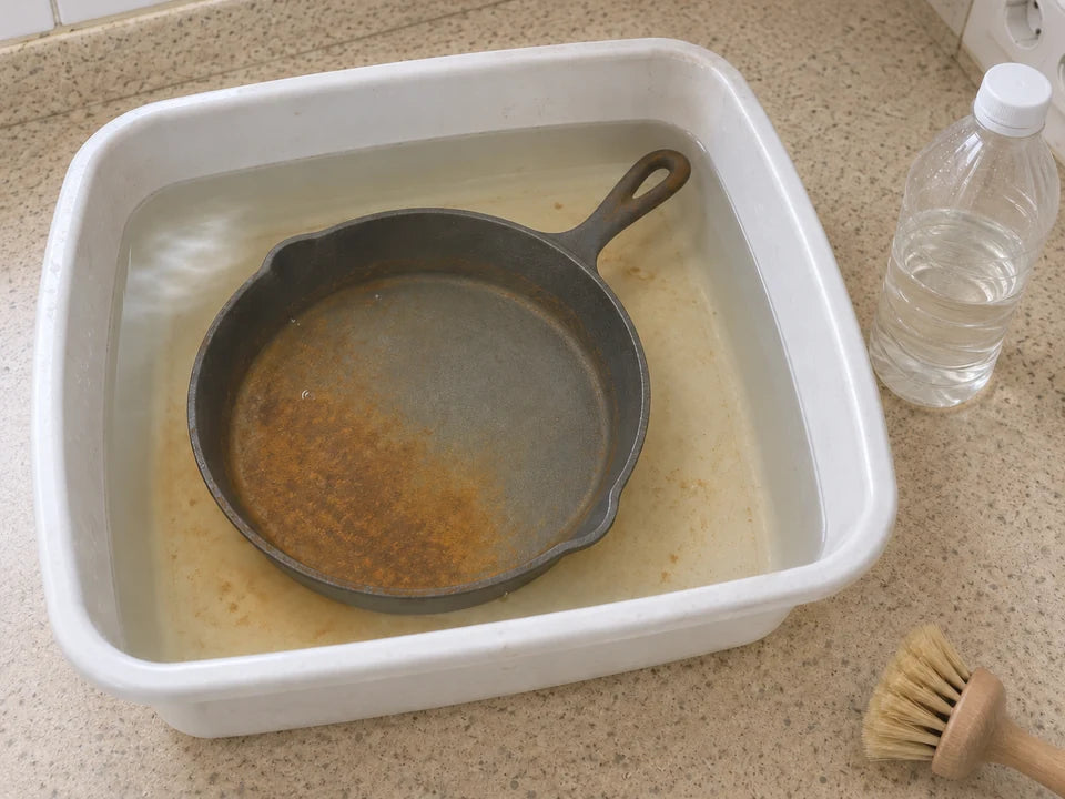 Retirer la rouille d'une poêle en fonte : la poêle rouillée trempe dans une bassine d'eau et de vinaigre blanc