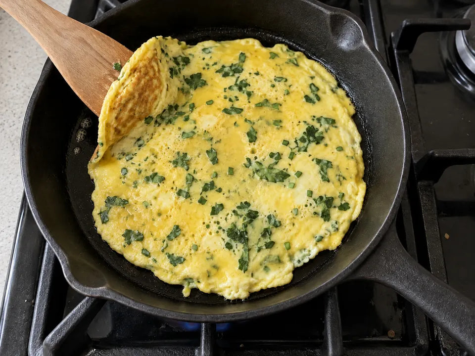 Une poêle en fonte reste saine sans revêtement : une omelette aux herbes cuit dans une poêle en fonte noire sur une gazinière