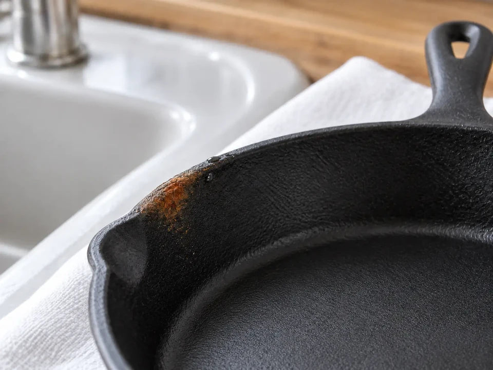 Petite tache de rouille orangée sur le rebord d'une poêle en fonte posée à sécher près de l'évier, une rouille sans danger qui se retire