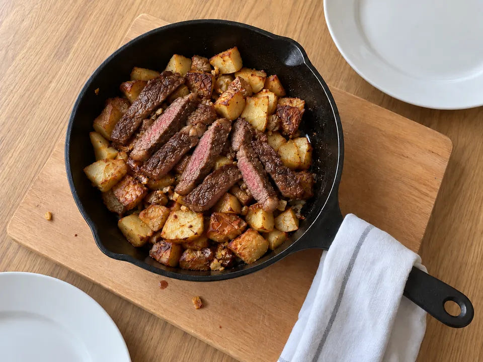 Une poêle en fonte vaut-elle le coup : une entrecôte dorée tranchée sur des pommes de terre sautées, servie dans la poêle