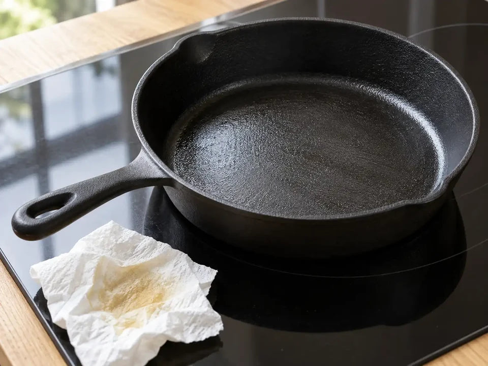 Poêle en fonte recouverte d'un voile d'huile très fin après le lavage, à côté d'un papier absorbant taché d'huile, sur une plaque à induction