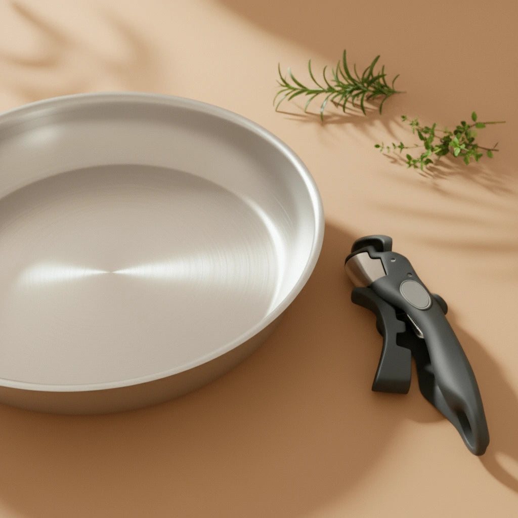 Poêle en Inox manche amovible avec couvercle : vue rapprochée du fond avec la poignée détachée.