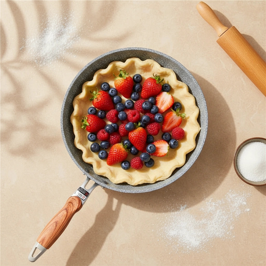 Utilisation de la poêle en pierre 26 cm pour la cuisson d'une tarte aux fruits rouges, démontrant sa polyvalence.