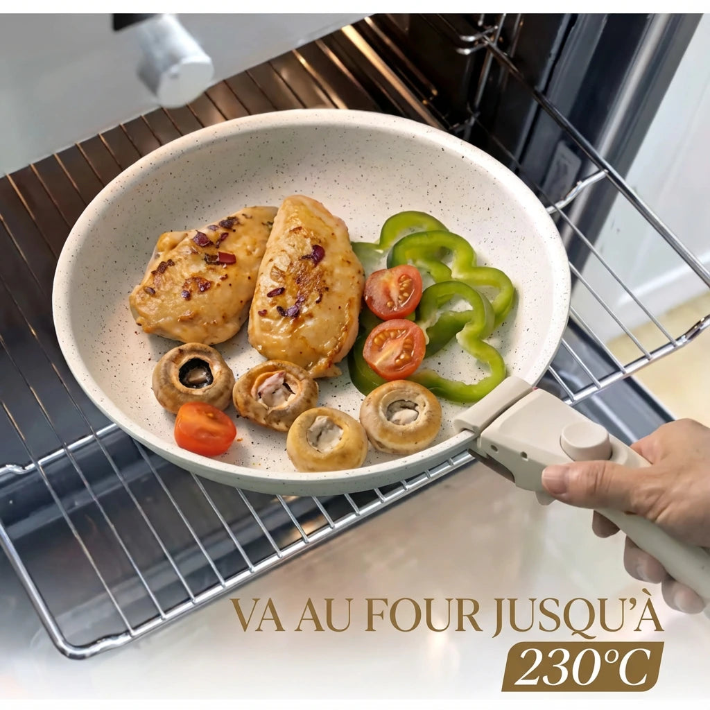 Poêle en pierre manche amovible Set de 2 poêles : illustration du passage au four avec du poulet et des légumes.