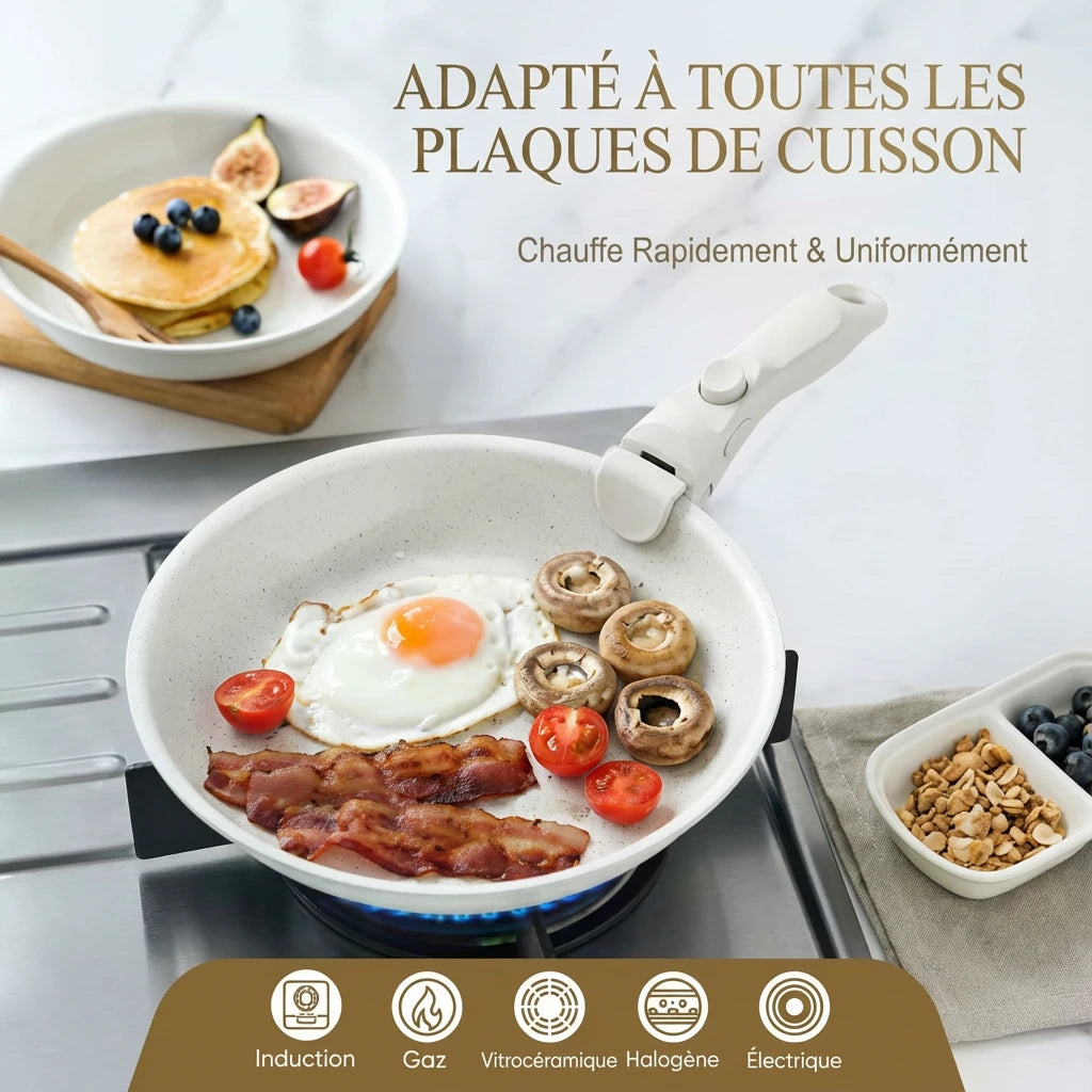 Poêle en pierre manche amovible Set de 2 poêles : infographie sur la compatibilité avec les plaques de cuisson.