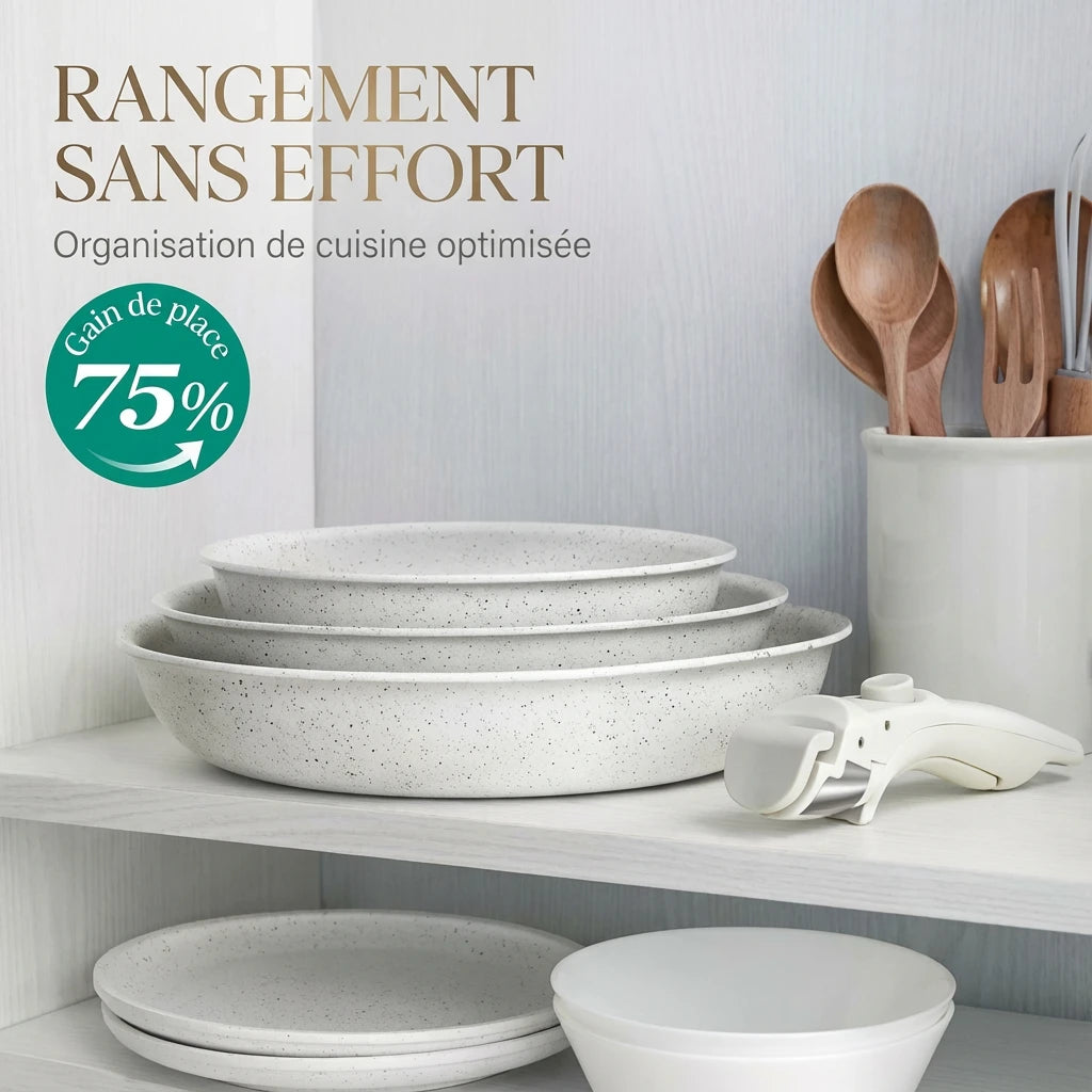 Poêle en pierre manche amovible Set de 2 poêles : infographie sur le rangement des poêles empilées.