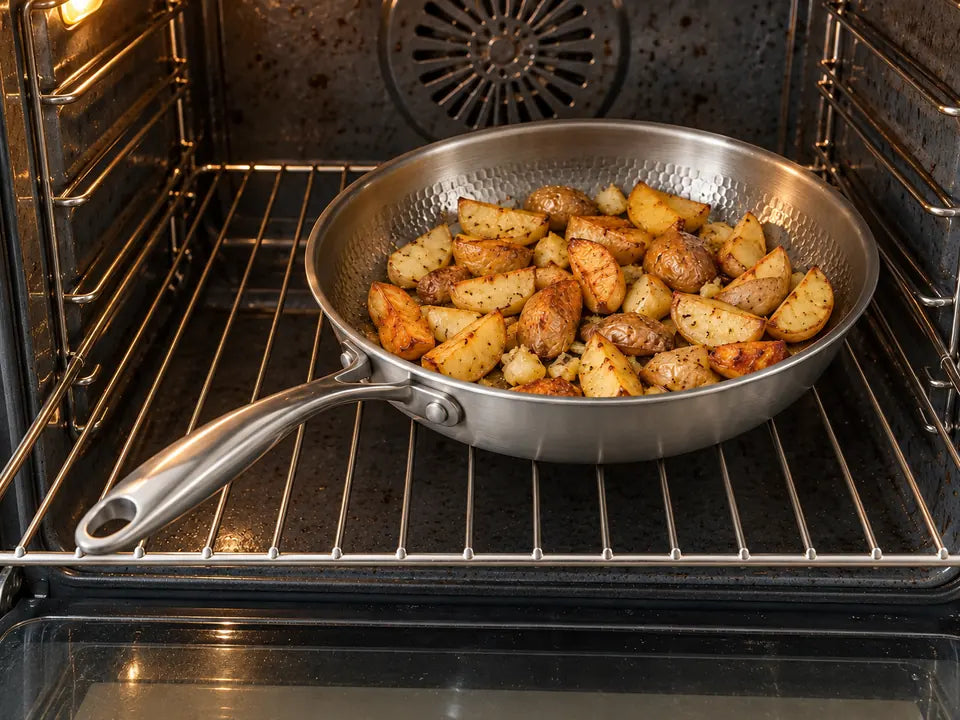Poêle en titane martelé au four, manche compris : des pommes de terre rôties dorent dans la poêle posée sur la grille