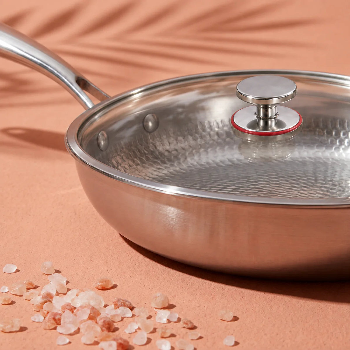 Poêle en titane avec couvercle 28 cm vue de près, couvercle en verre et bouton à bague rouge, cristaux de sel rose devant
