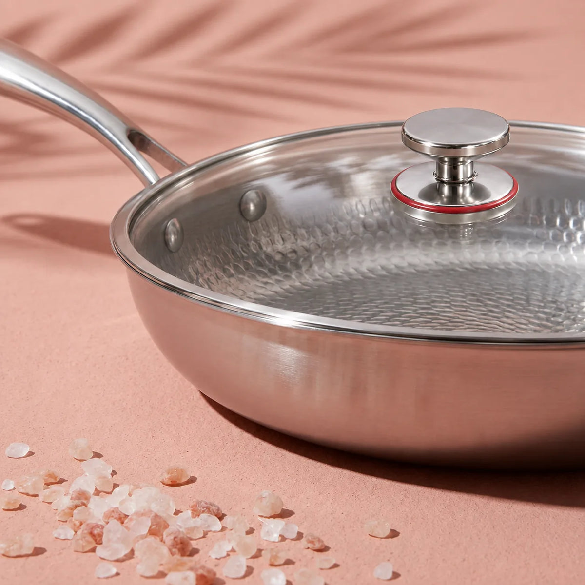 Poêle en titane avec couvercle 30 cm vue de près, couvercle en verre et bouton à bague rouge, cristaux de sel rose devant