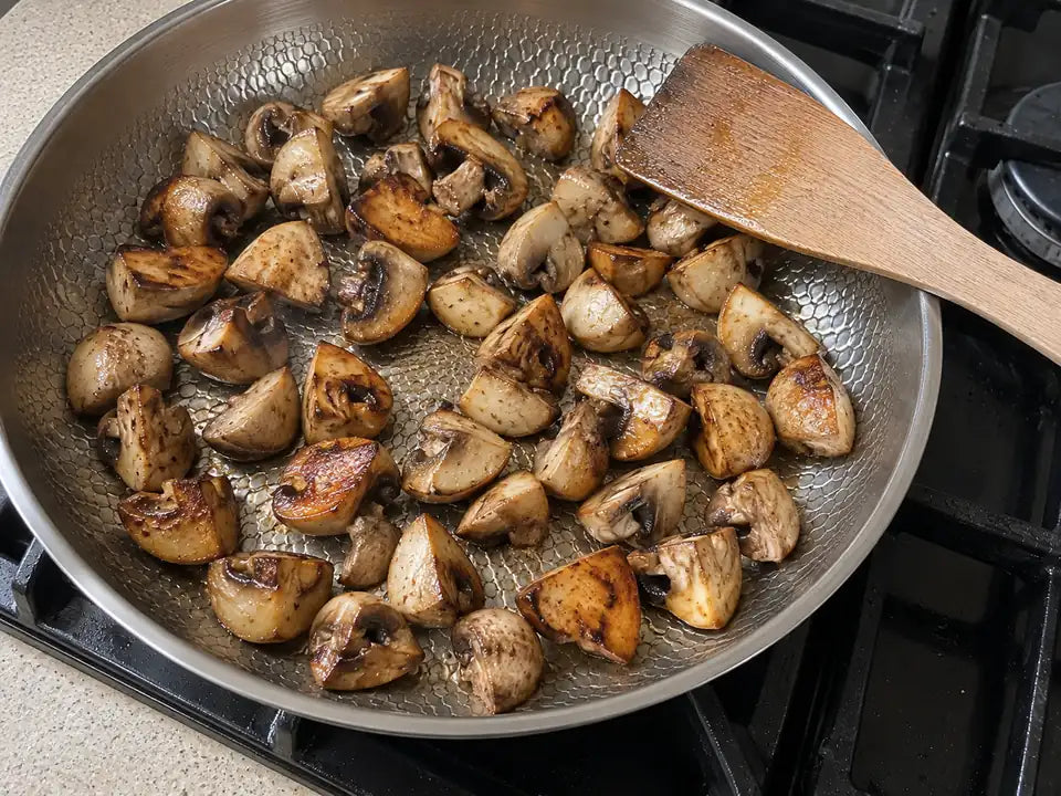 Poêle en titane avis : des champignons de Paris dorés jusqu'au bord d'une poêle en titane martelé, sur le gaz
