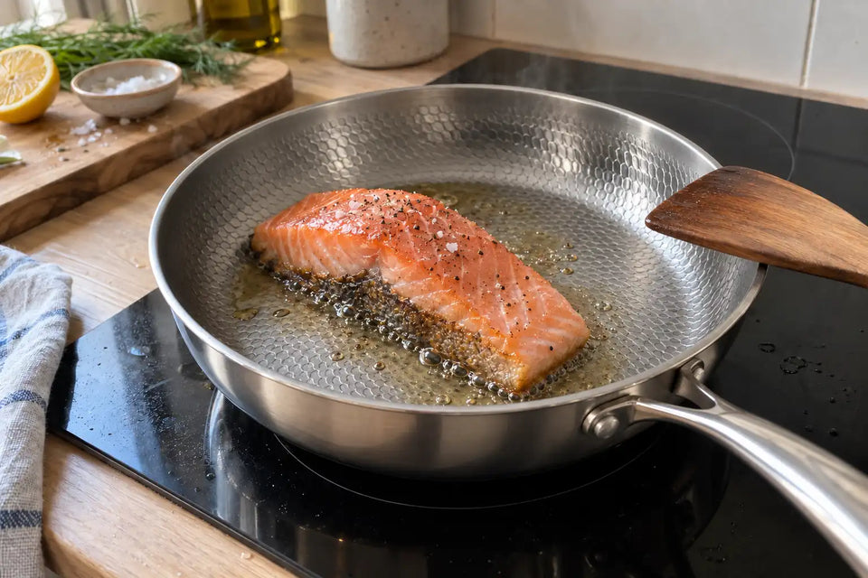 Pavé de saumon qui saisit côté peau dans une poêle en titane martelé de 28 cm posée sur une plaque à induction, avec une spatule en bois