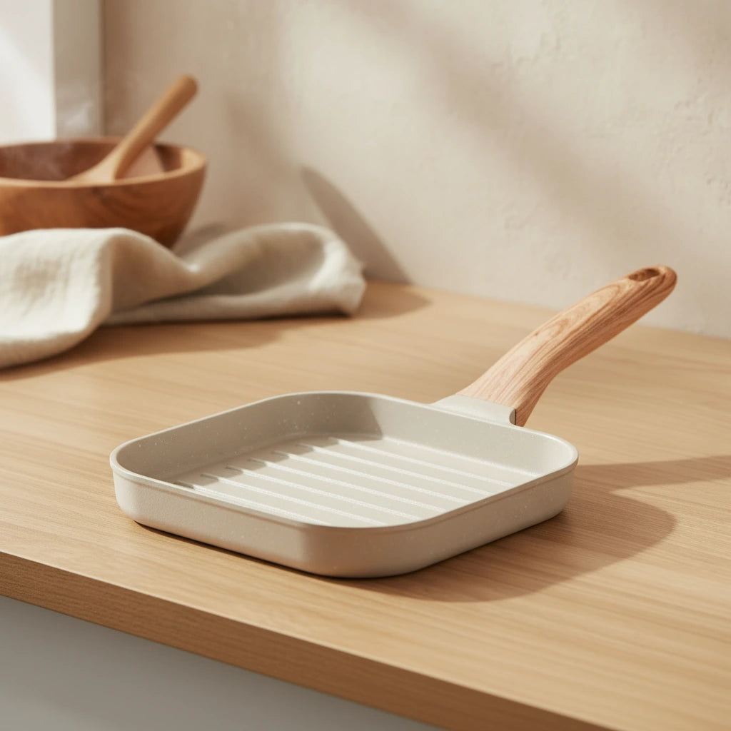 Poêle grill carrée anti-adhésive couleur beige clair sur plan de travail en bois, style épuré, idéal pour une cuisine moderne.