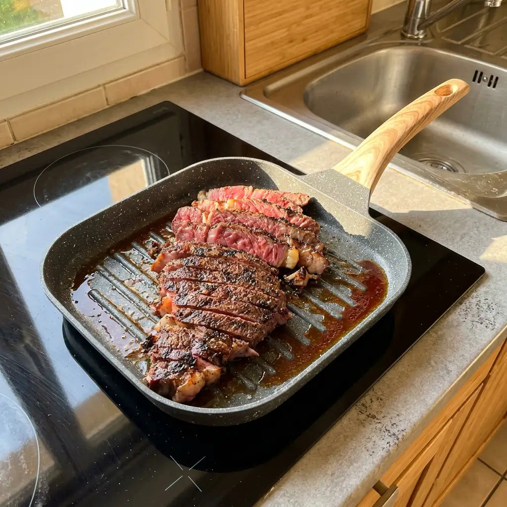 Poêle Grill en Pierre : viande grillée et tranchée sur une plaque de cuisson.