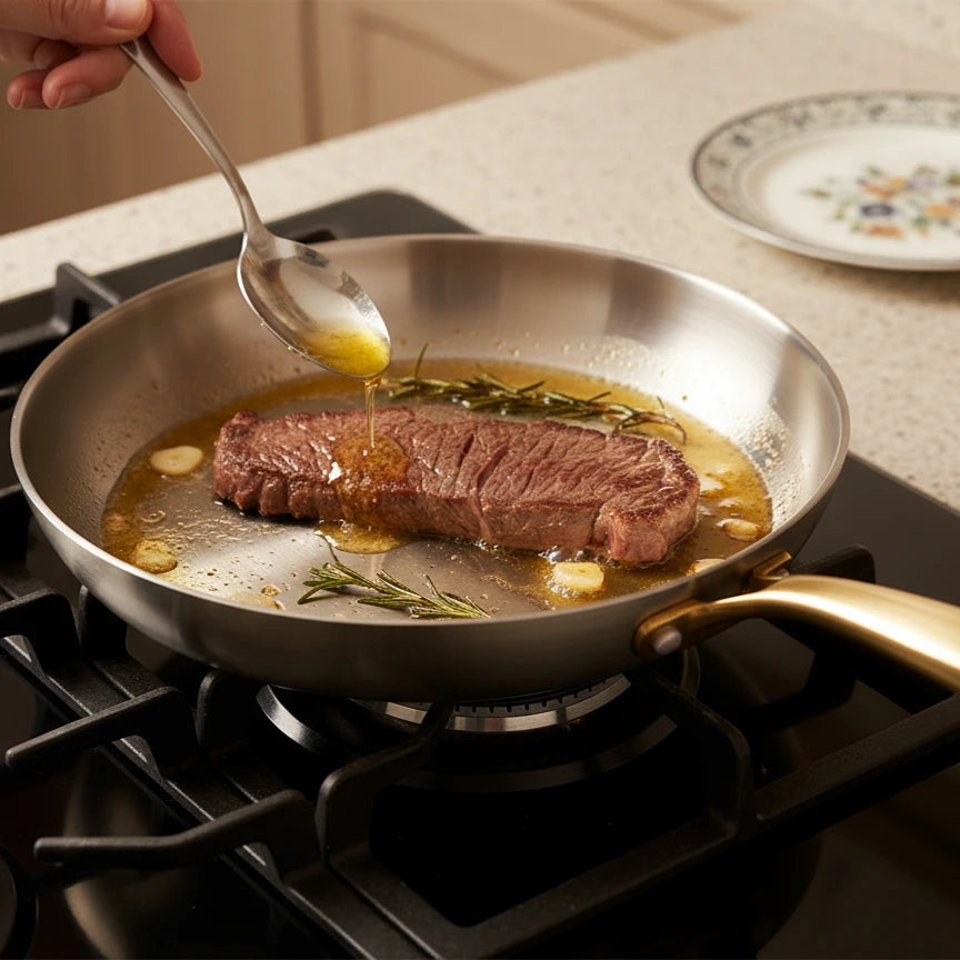 Steak arrosé à la cuillère dans la poêle induction 24 cm, posée sur une plaque de cuisson
