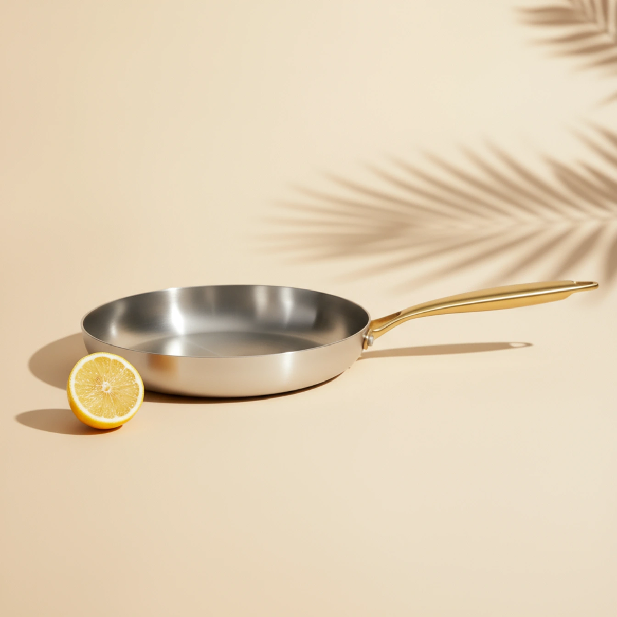 Poêle induction 24 cm vue de dessus, un demi-citron posé à côté sur le plan de travail
