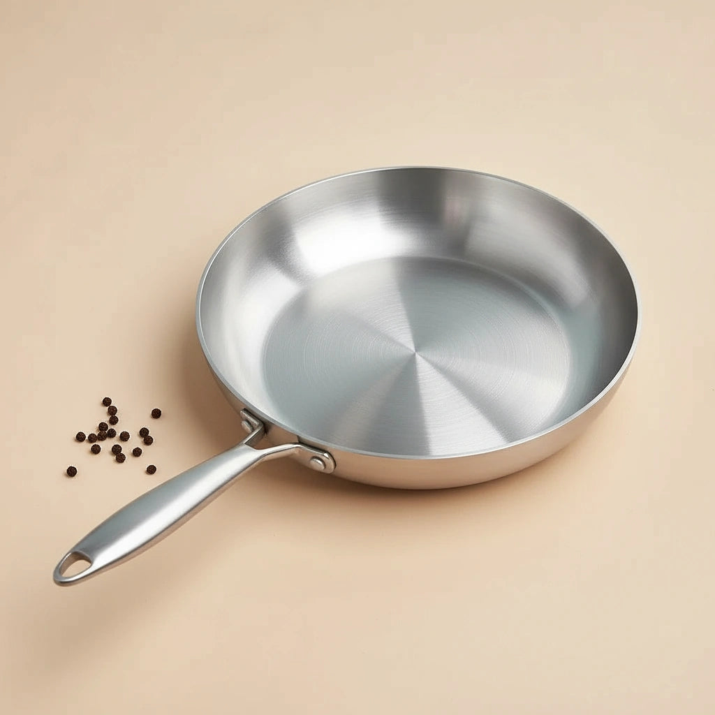 Poêle inox 18/10 24 cm : vue de dessus avec quelques grains de poivre.