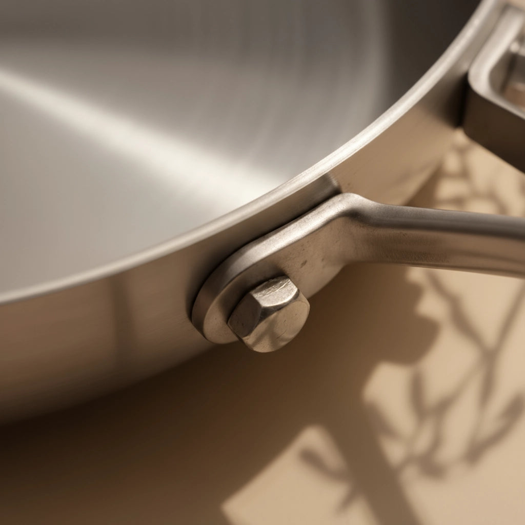 Poêle inox 18/10 28 cm : gros plan sur la fixation du manche en inox.
