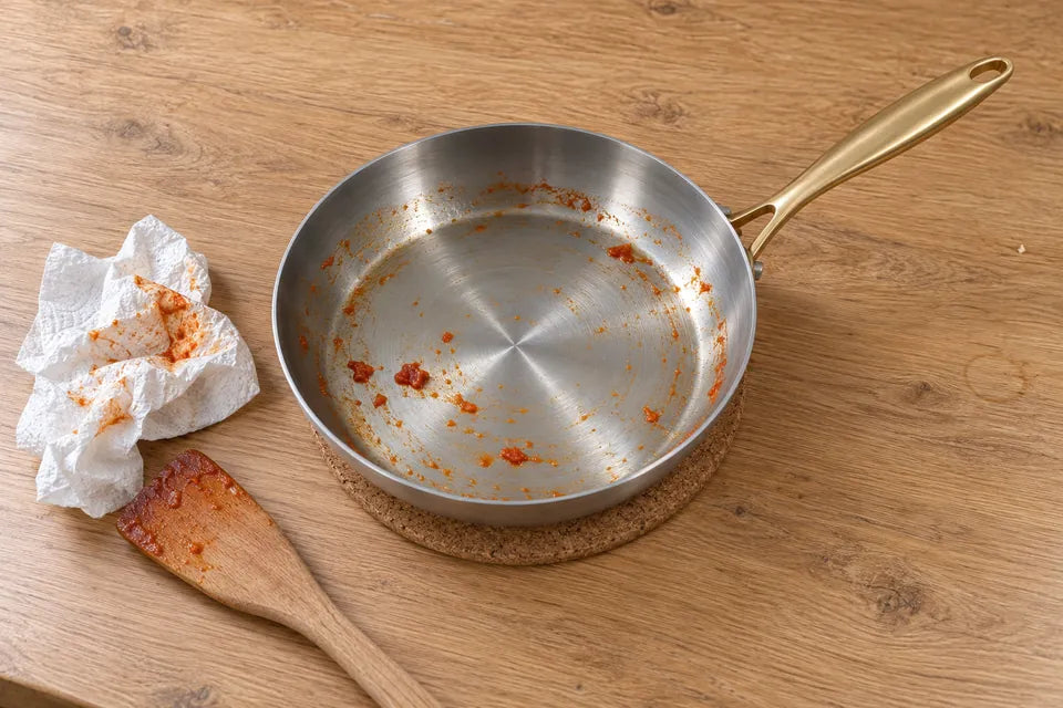 Poêle en inox 18/10 vidée après une sauce tomate : sa surface de cuisson reste brillante et intacte malgré l'acidité de la tomate