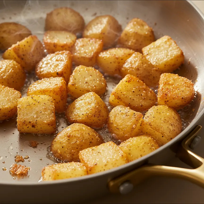 Poêle inox 28 cm : cuisson de pommes de terre dorées.