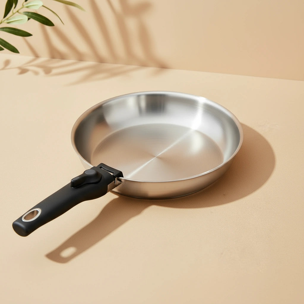 Poêle inox manche amovible 30 cm : vue d’ensemble sur fond beige.