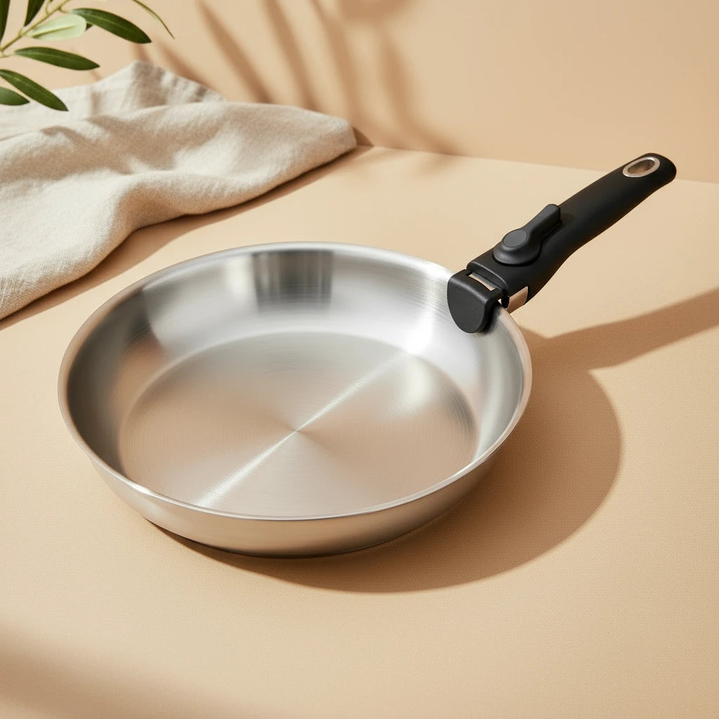 Poêle inox manche amovible 30 cm : vue en perspective sur un torchon avec la poignée fixée.