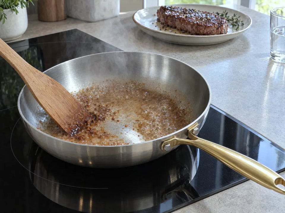 Déglacer une poêle inox : un peu d'eau dissout les sucs de cuisson dorés sous une spatule en bois, un steak saisi à côté