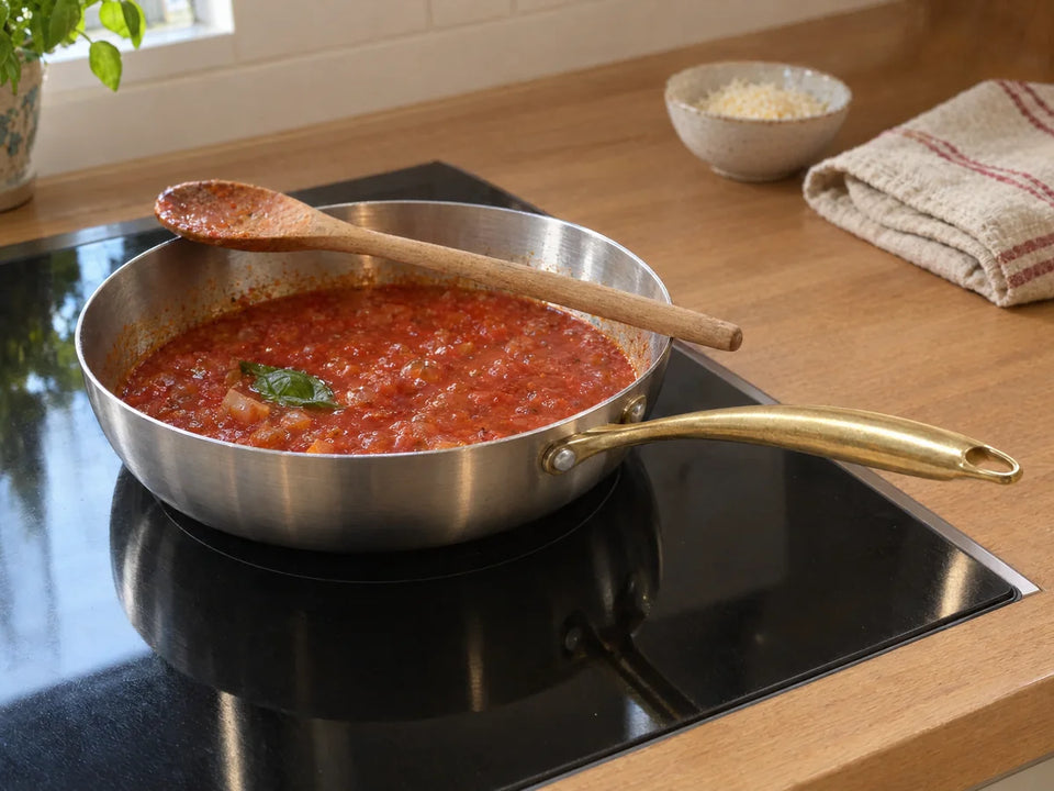 Sauce tomate maison qui mijote dans une poêle en inox 18/10 saine, une cuillère en bois posée sur le bord
