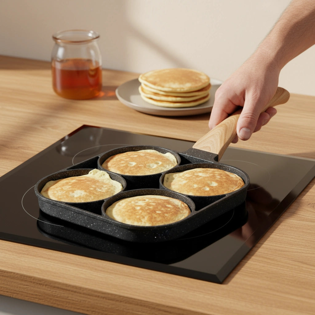 Poêle Mini Pancake : cuisson de quatre pancakes sur une plaque.