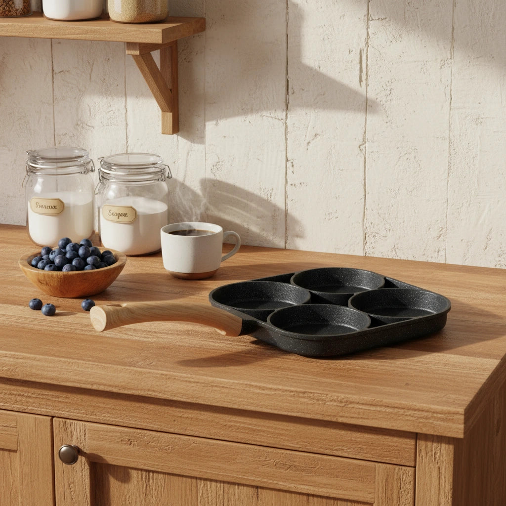 Poêle Mini Pancake : présentation sur un plan de travail avec des fruits.