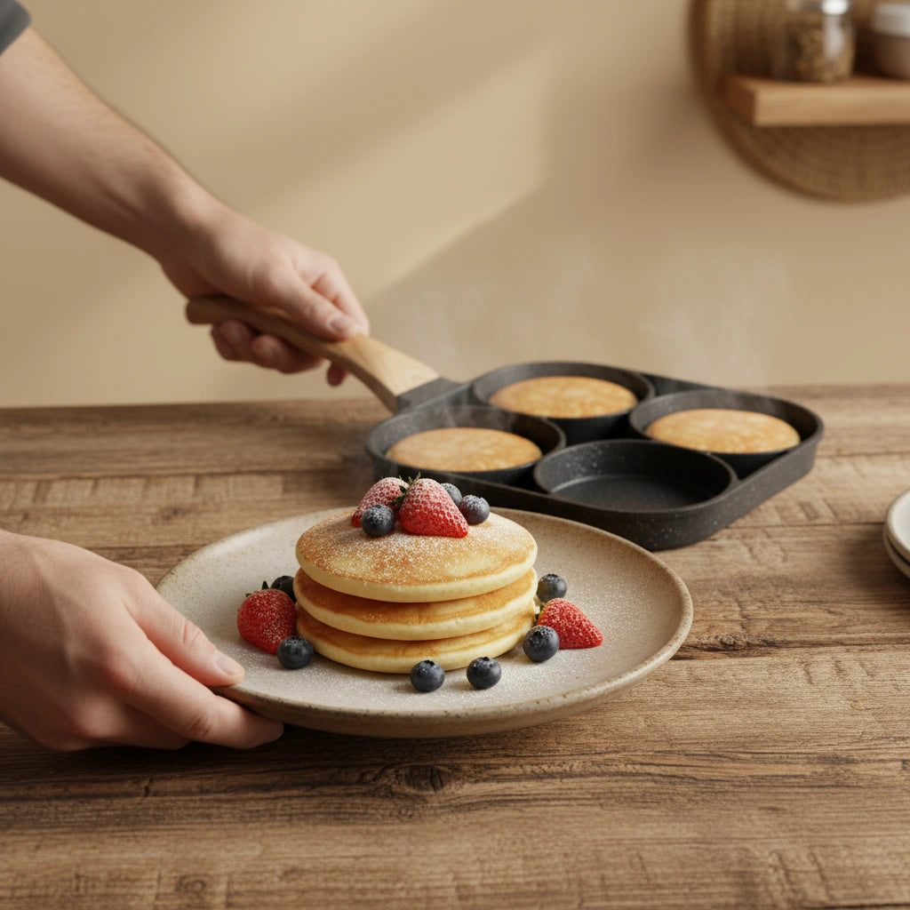 Poêle Mini Pancake : service de pancakes aux fruits rouges à côté de la plaque.