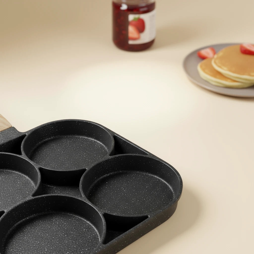 Poêle Mini Pancake : vue rapprochée des cavités sur une table de petit-déjeuner.