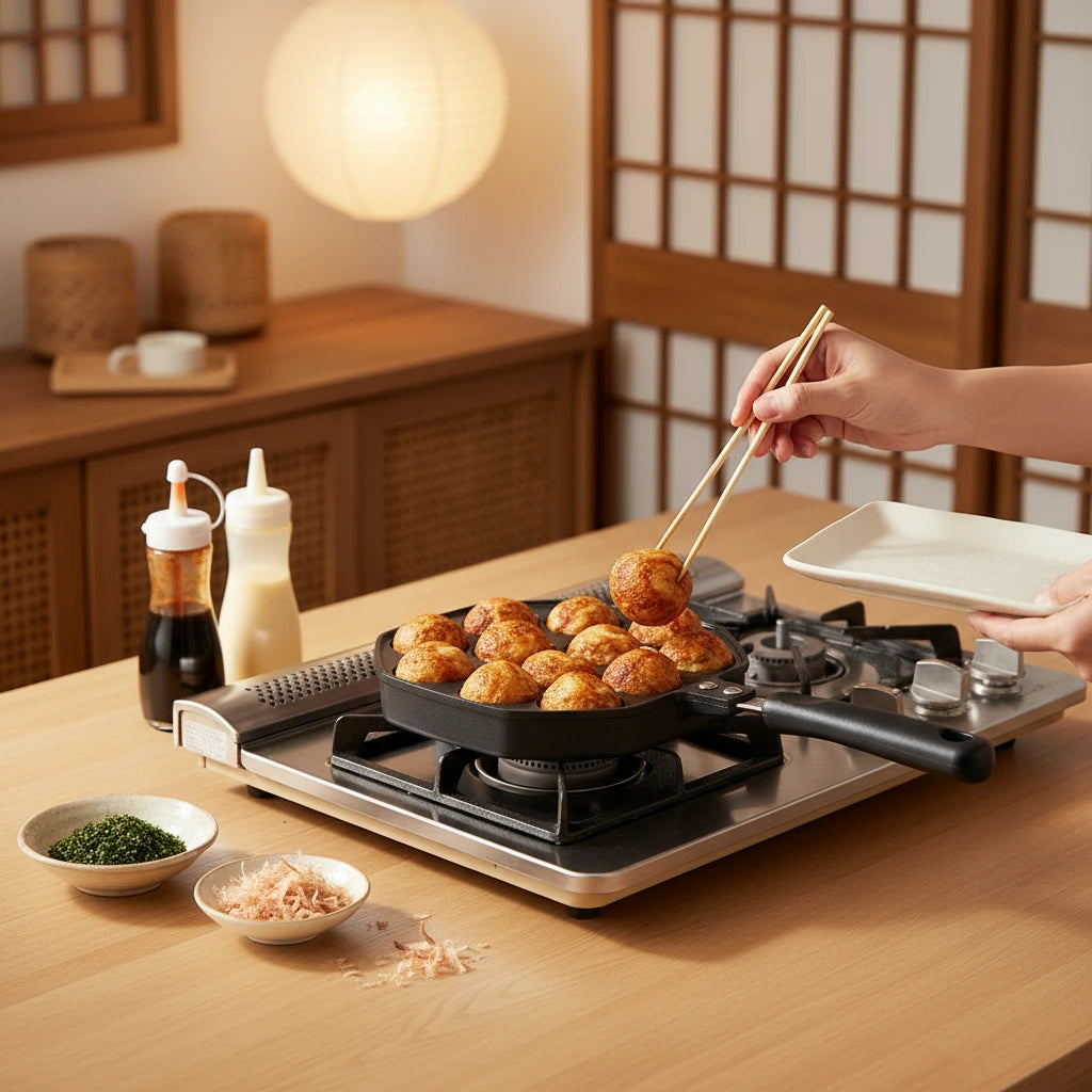 Poêle takoyaki antiadhésive 12 empreintes : cuisson de boulettes dorées avec des baguettes.