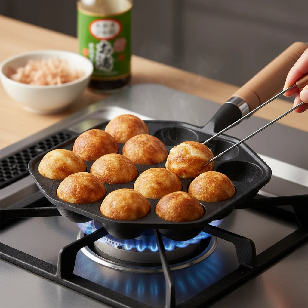 Poêle Takoyaki en fonte 14 empreintes : cuisson des boulettes sur une flamme à gaz.