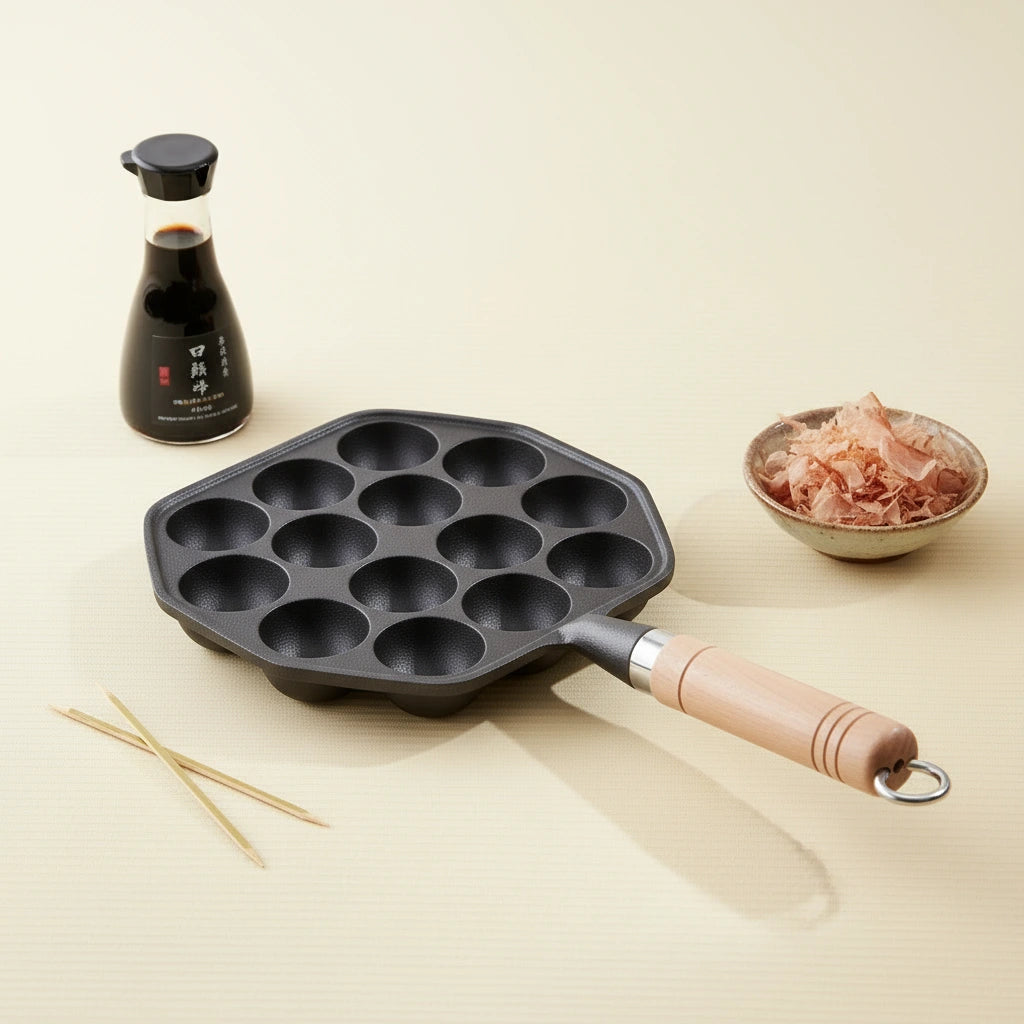 Poêle Takoyaki en fonte 14 empreintes : vue de dessus avec une bouteille de sauce soja.