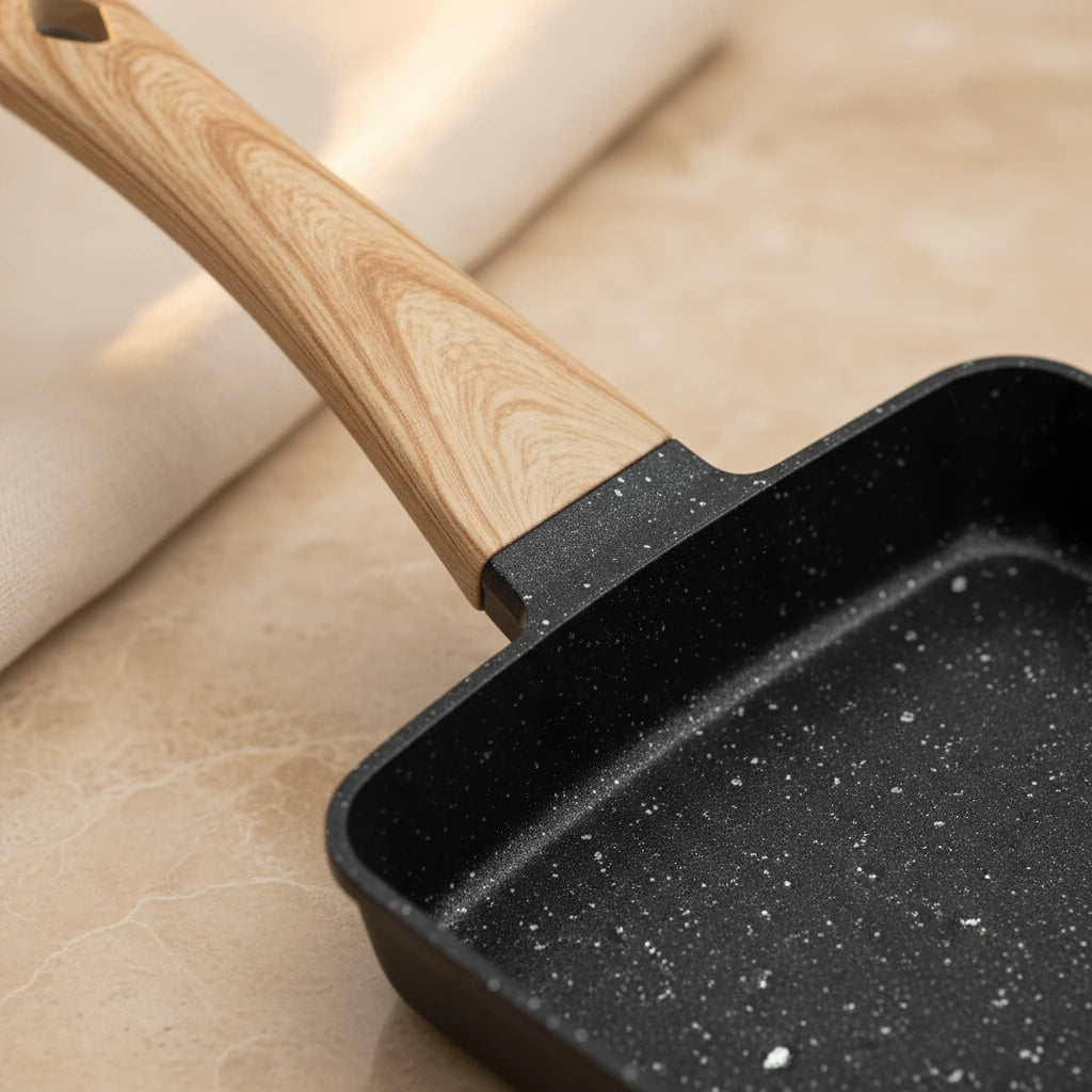 Poêle Tamagoyaki Antiadhésive : détail de la fixation du manche et du revêtement.